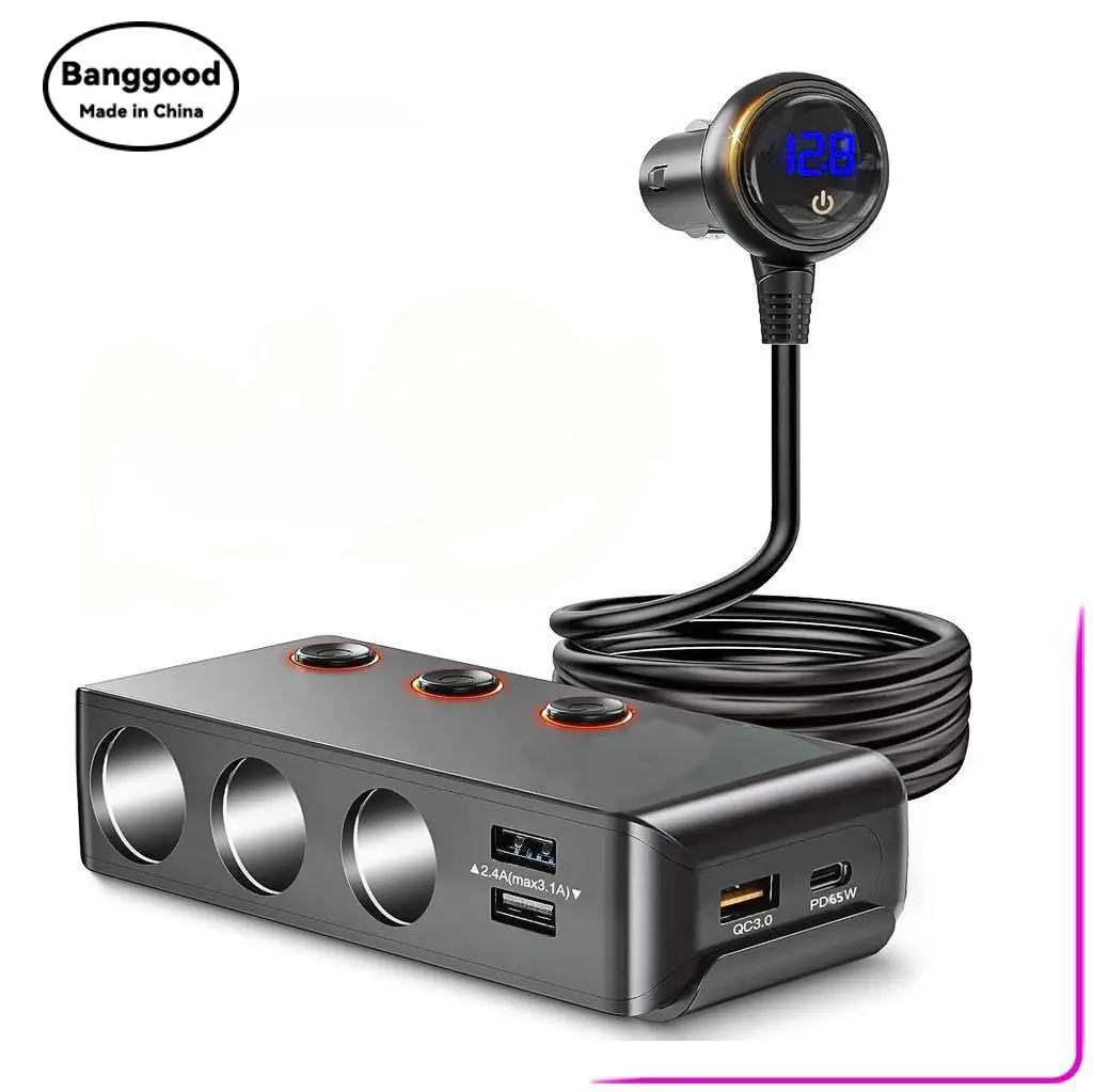 

Car 120W High Power 1 Drag 3 Cigarette Lighter Expansion Charger 4 Ports USB with Digital Display Independent Switch TR30P