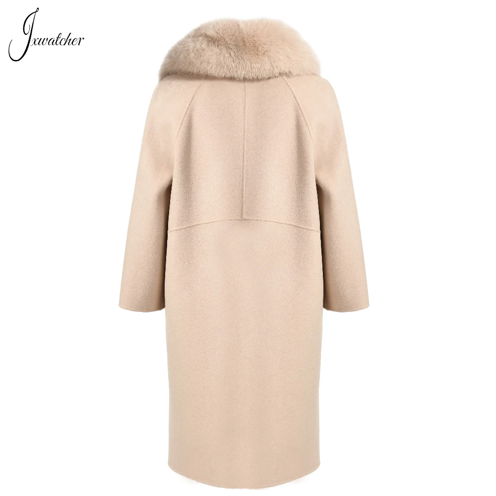 Jxwatcher Woolen Coat With Real Fox Fur Collar Autumn New Style Coat Women Cashmere Long Jacket Winter Solid Outerwear Female