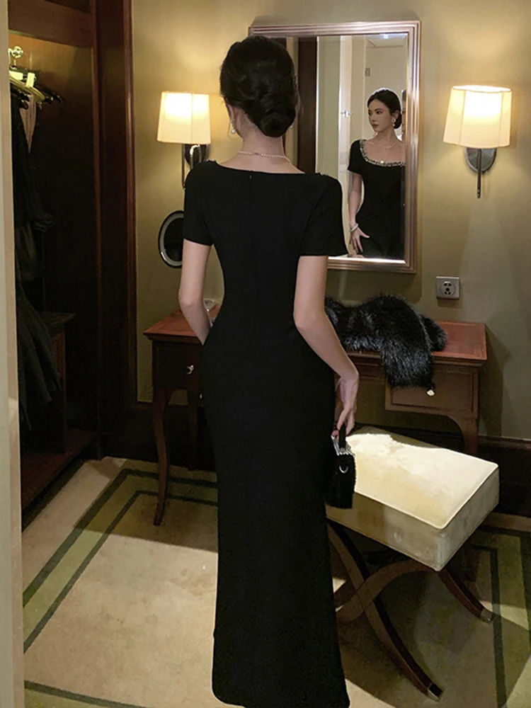 Abiti da donna Nero Sexy Collo quadrato Abito da sera lungo skinny Elegante moda di lusso Abiti da ballo per feste Robe Occasioni formali