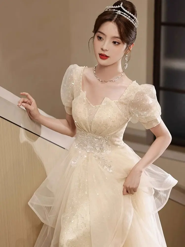 

Вечернее платье цвета шампань для женщин, новинка 2025 года, роскошное, для церемоний, выступлений на фортепиано, банкетов, для ведущих, длинная юбка