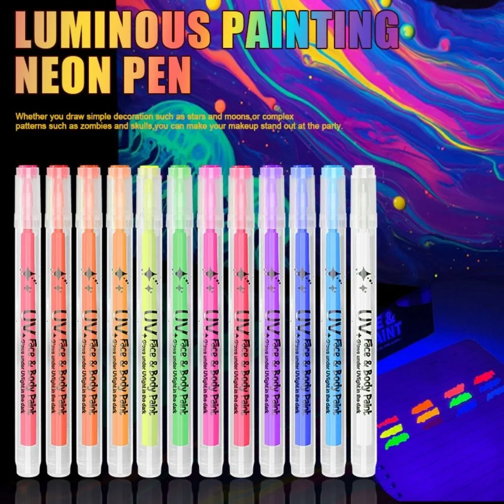

12 Colors Glow Face Paint Markers Easy Wash Off Black Light Reactive UV Neon Face Paint Water-Based Non-Toxic Temporary Tattoo