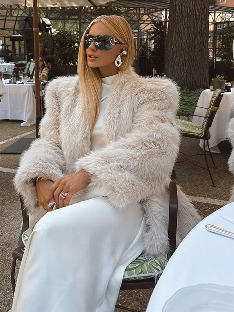 Elegant Women Shoulder Padded Middle Length Coat Faux Fur Long Sleeve V-Neck Thick Jacket 2025 Chic New Luxury Party Outerwear