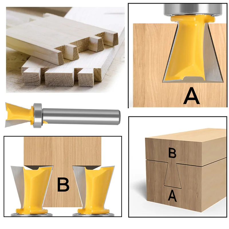 8mm Shank Copy Dovetail Woodworking Milling Cutter with Bearing Wooden Board Jigsaw Slotting Tenon Drill Bit Cutting Machine