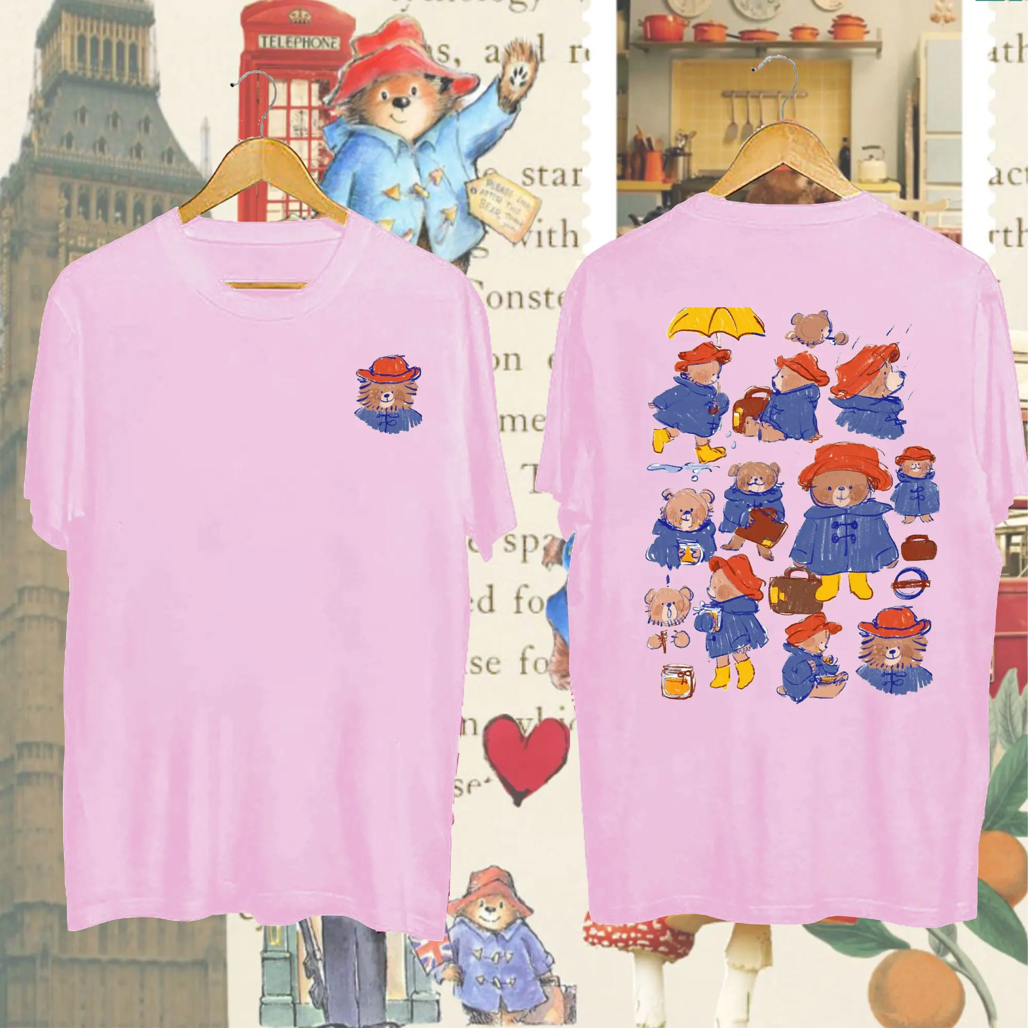 

Paddington Bear in London Double-sided Printing T-shirt Ladies Casual Everyday Clothes Summer Short Sleeve Crewneck Tops