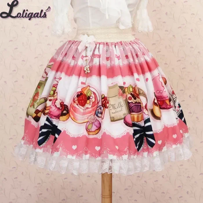 Sweet Pink Afternoon Tea Party Lovely Printed Lace Lolita Short Skirt with Bow for Girl