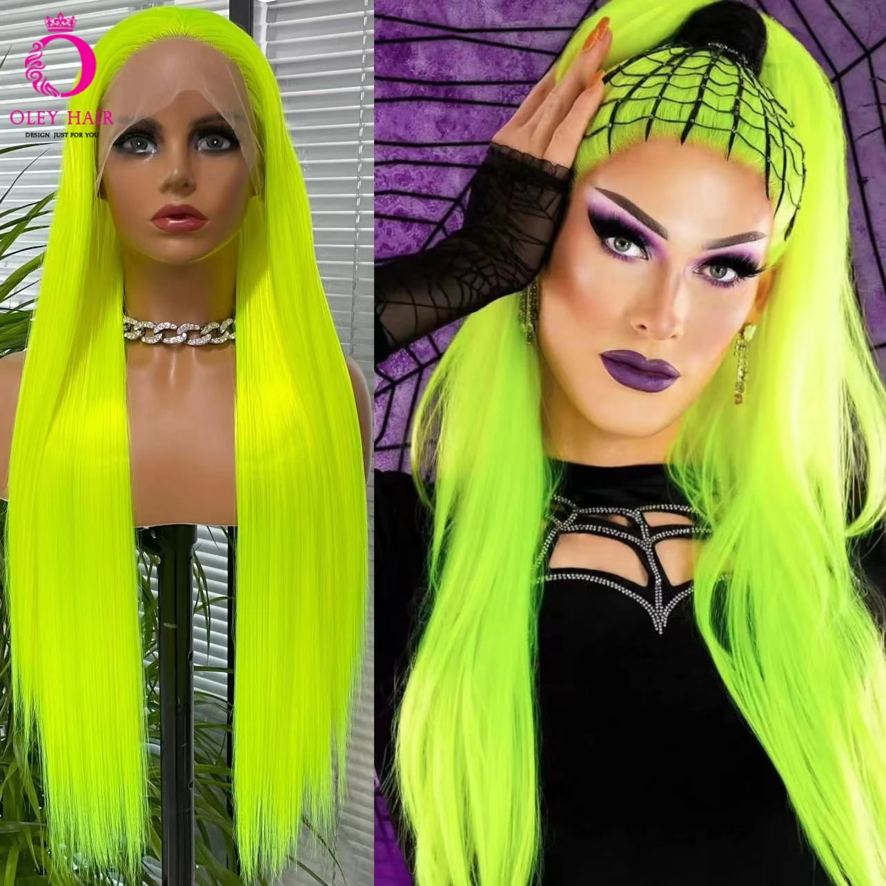 

OLEY Fluorescent Green Straight Synthetic 13x4 Lace Front Wig Glueless Heat Resistant 180 Density Cosplay Wigs For Black Women