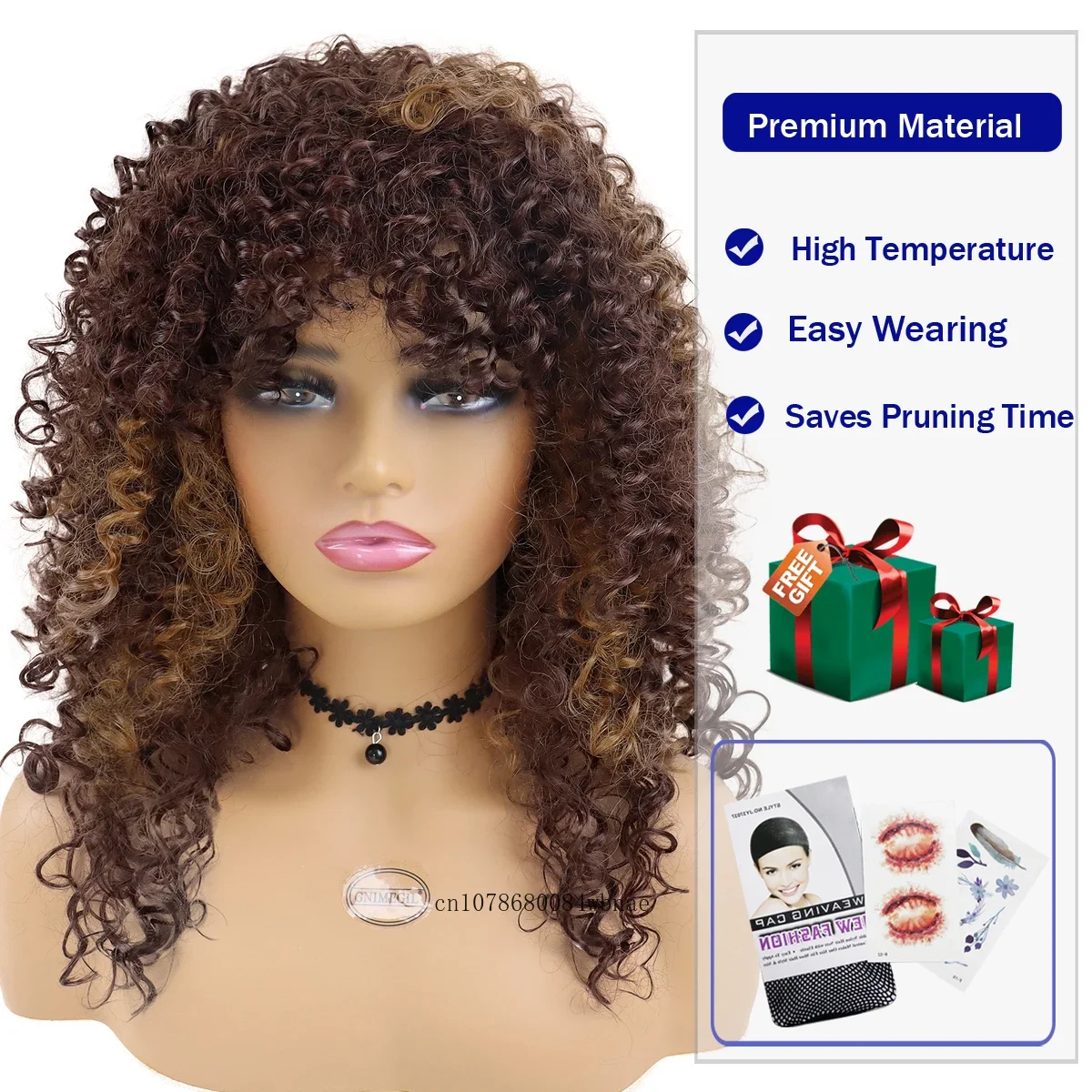 مزيج الاصطناعية براون الأفرو شعر مستعار مجعد للنساء السود 19 بوصة متوسطة طويلة الباروكات مقاومة للحرارة الطبيعية المظهر تأثيري حلي الطرف #5