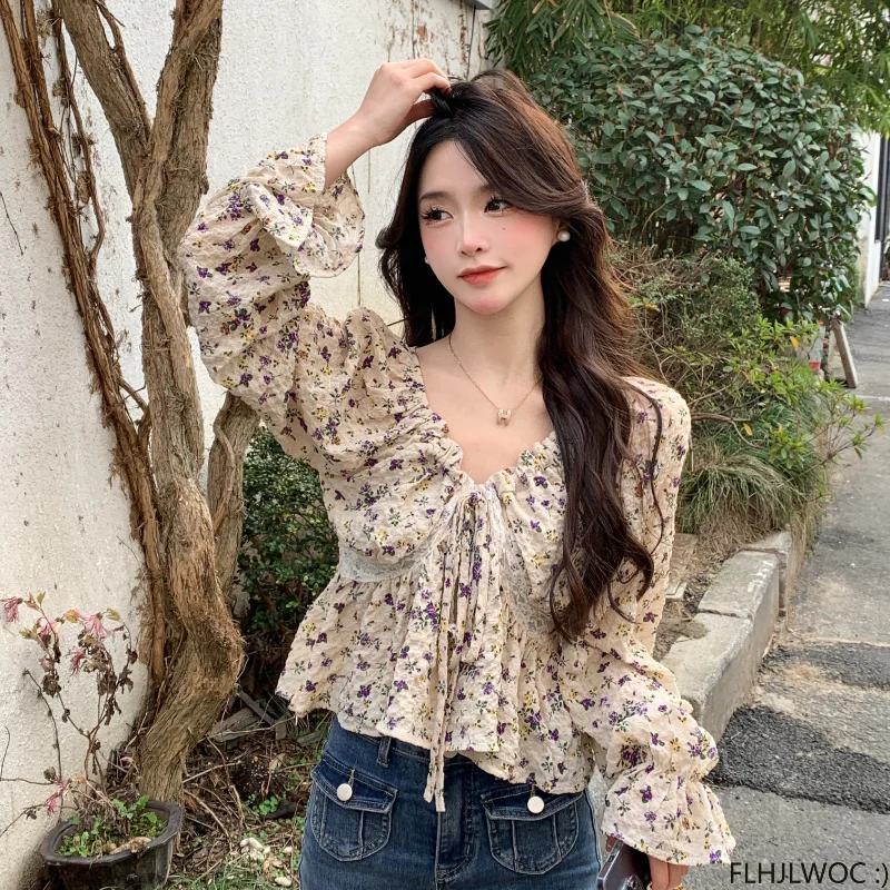 2023 Spring Summer Korea Chic Tops Blusas Fashion Flhjlwoc Design Short Crop Peplum Floral Print Sexy Off Shoulder Women Blouses