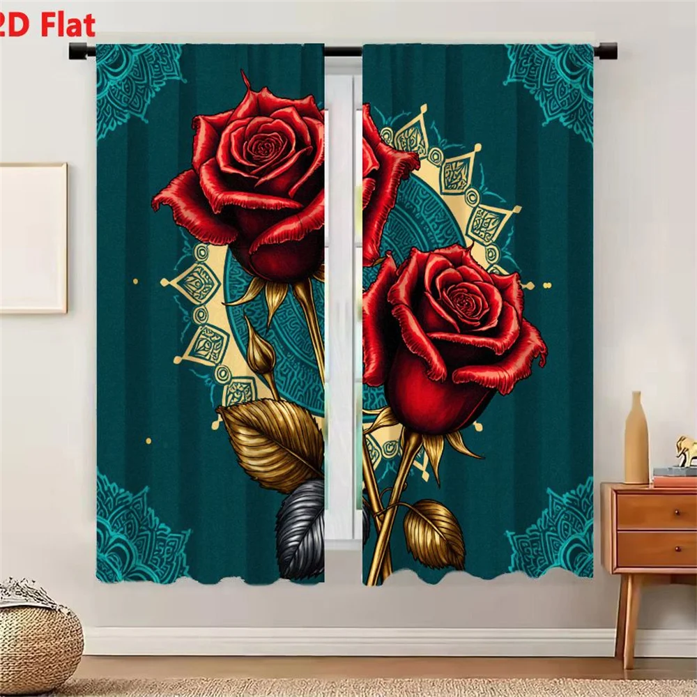 2Pcs Curtains 2D Flat Red Roses With Golden Stems Teal Background Mandala Pattern Artistic Decorative Floral Design Window Drape