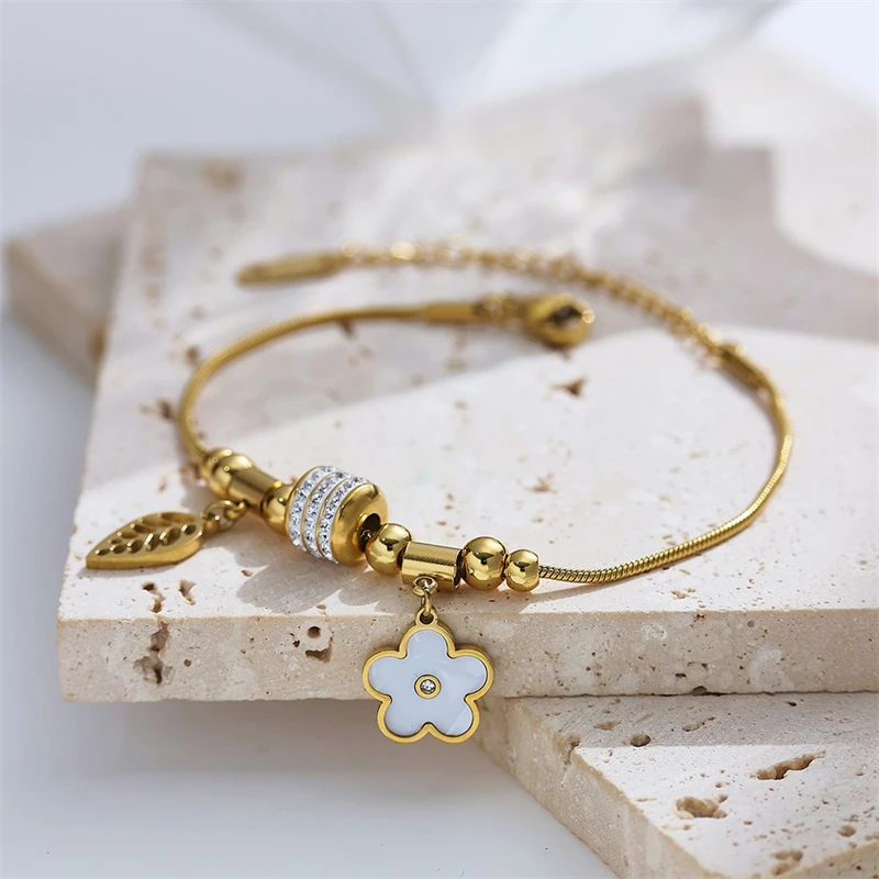 316L Stainless Steel New Fashion Fine Waterproof Jewelry Zircon Beads Leaf Seashell Flower Charm Snake Chain Bracelets For Women