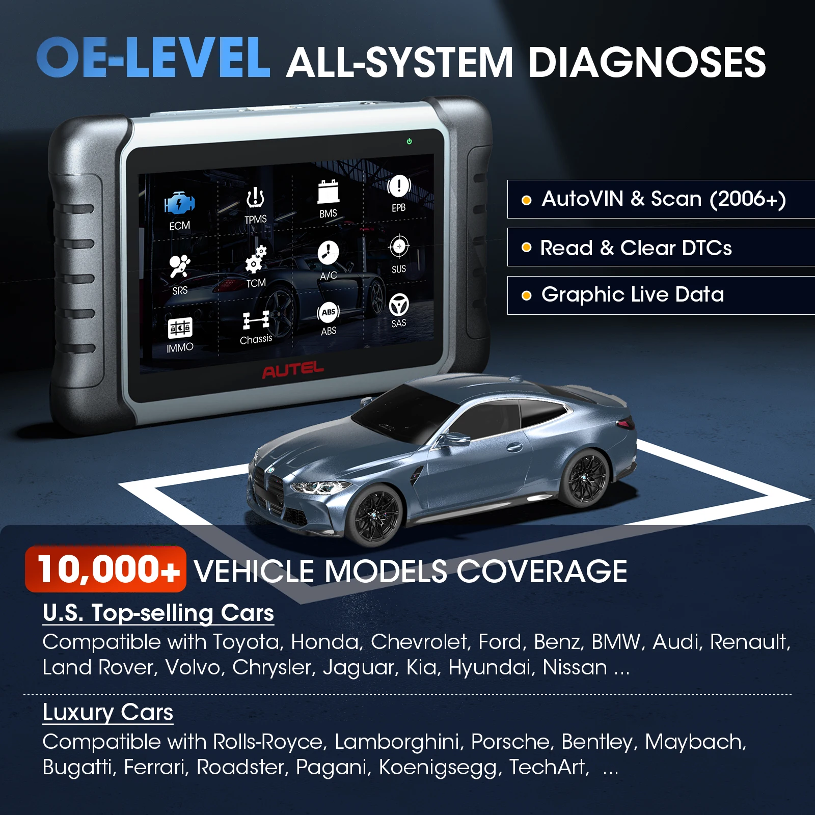 Autel MaxiPRO 양방향 스캔 진단 도구, 자동차 스캐너, ECU 코딩, PK MK808BT PRO, MP808S, OBD2