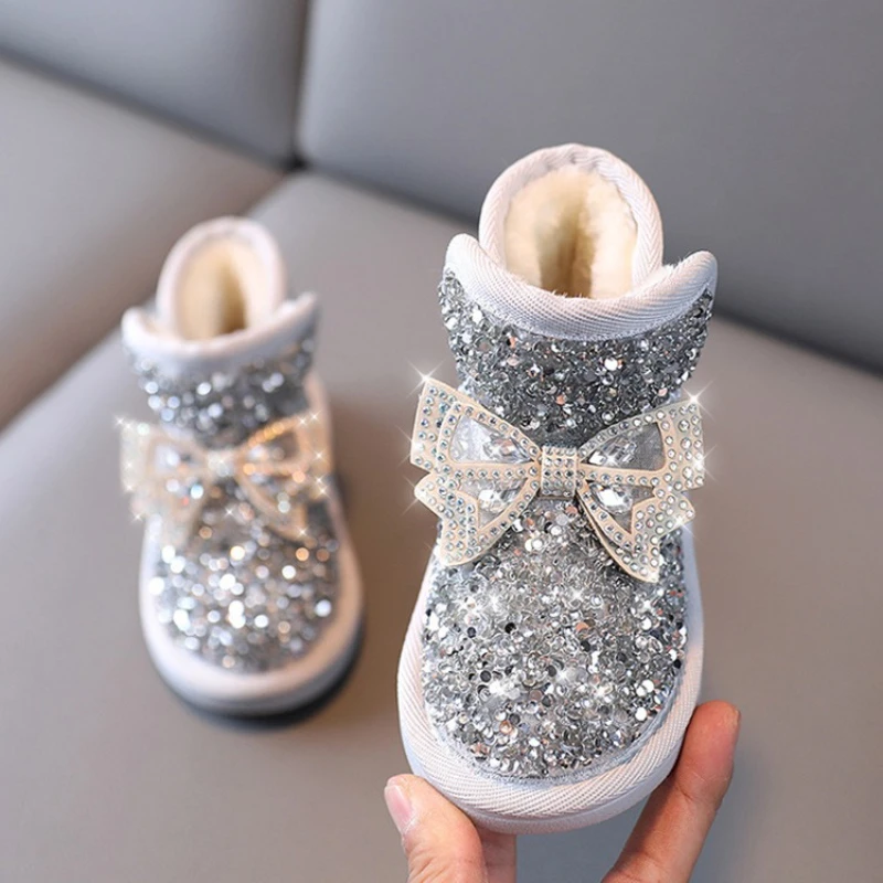 Winter Girls\' Boots Fashion Bow Tie Girl Shoe Comfort Versatile Child Shoes Anti Slip Cute Snow Boot Warm Thick Ankle Boots