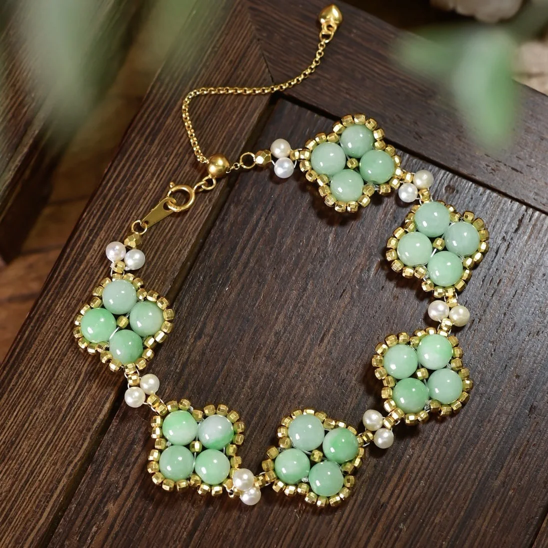 Natural Grade A Pea Green Jadeite Four Leaf Clover Bracelet, Freshwater Pearl Gilded S925 Silver Handmade Women Jewelry
