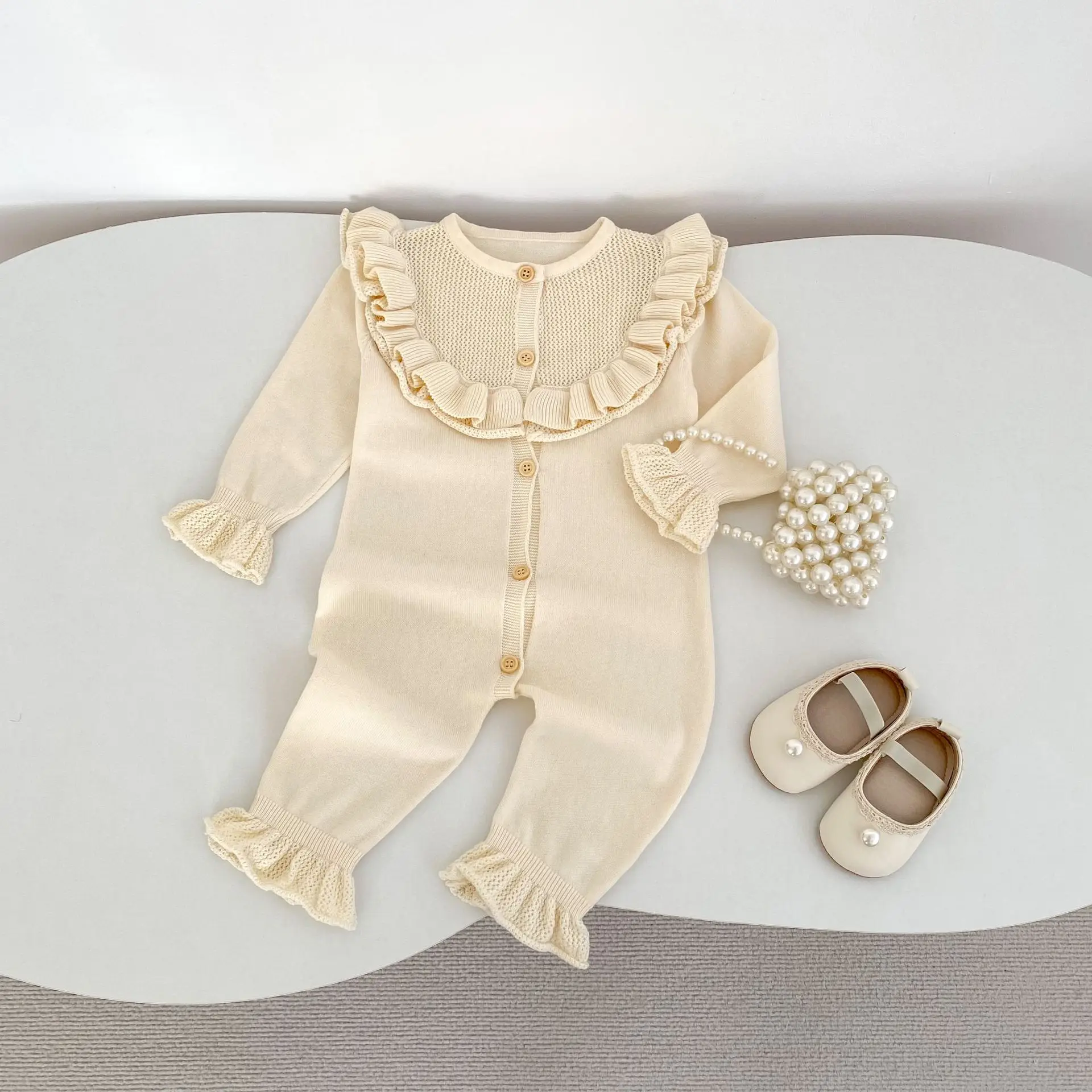 Fall Infant Girl Romper Round Neck Ruffle Trim Solid Color Cotton Clothes Baby Jumpsuit Cute Crawling Outfit 0-24 Months