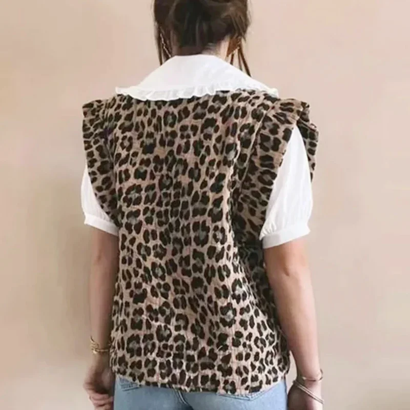 TRAF Women\'s Vest Spring 2024 Leopard Print Waistcoat V-Neck Short Sleeve Cardigan New In Outerwears Elegant Fashion Ladies Vest