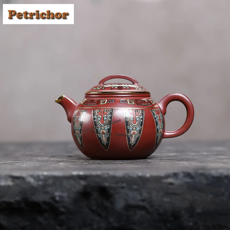 

170ml Yixing Purple Clay Teapots Handmade Round Bead Colour Enamels Pot Raw Ore Red Leather Dragon Mud Tea Soaking Kettle Zisha