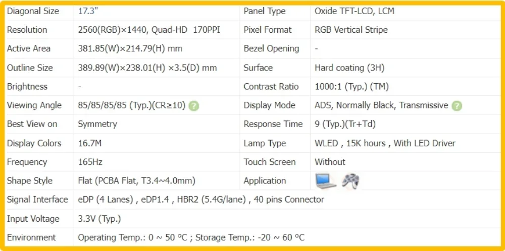 NE173QHM-NY4 NE173QHM NY4 Pantalla LCD para portátil de 17,3 pulgadas Panel IPS delgado sin contacto QHD 2560x1440 EDP 40 pines 165Hz