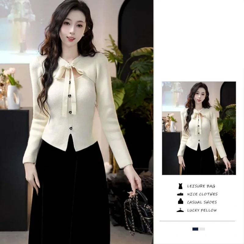 Bow Fake Two-piece Top with Stunning Design Hollow Out Slim Fit Long-sleeved Sweater