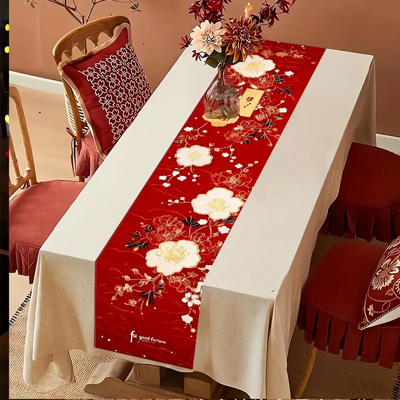 Chinese 2025 Happy New Year Printed Linen Table Runner Home Party Decor China Spring Festival Table Runners Dresser Scarf Decor