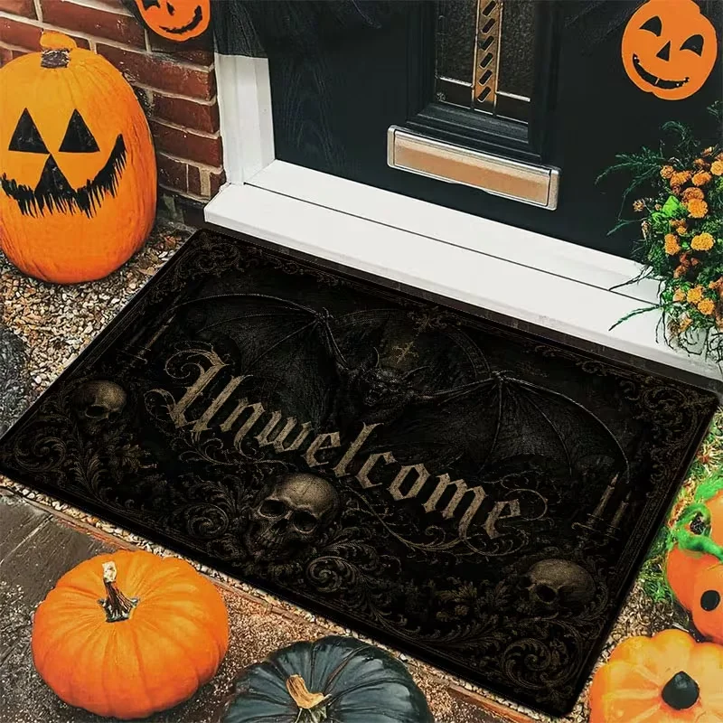 Large Gothic Bat & Skull Floor Suitable for Living Room Bedroom Kitchen Thick Flannel with Bat Non-Slip Backing, Soft Indoor Mat