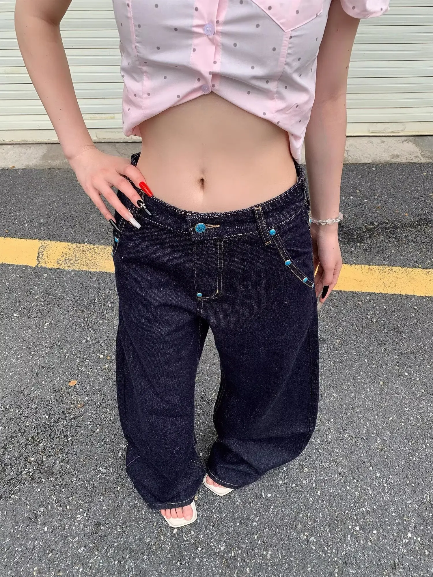 Retro American Cleanfit Turquoise Knife  Jeans Casual Unisex Long Trousers High Waist Wide Leg Loose Fit for Couples