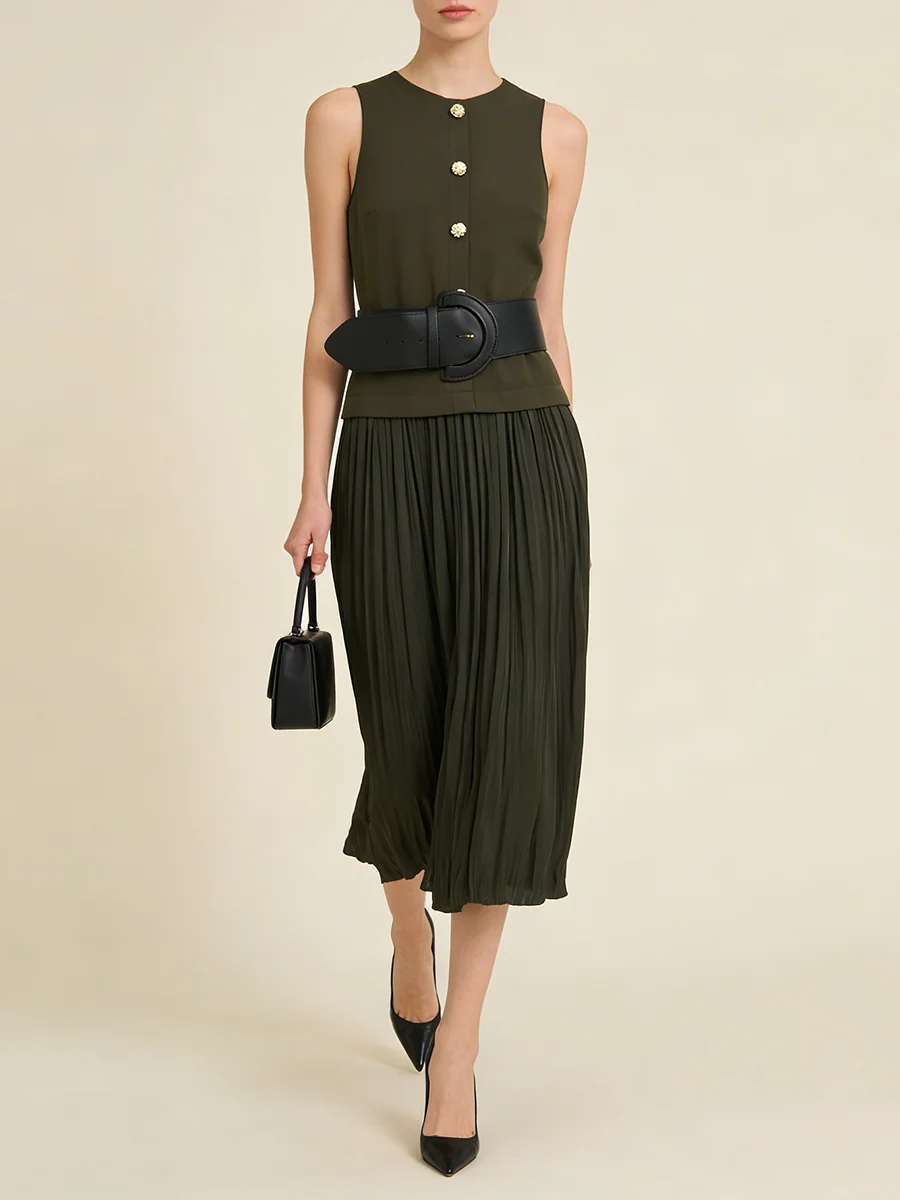 TWOTWINSTYLE Green Loose Spliced Sashes Dresses for Women O Neck Sleeveless Elegant Intellectual Dress Female Summer Fashion New