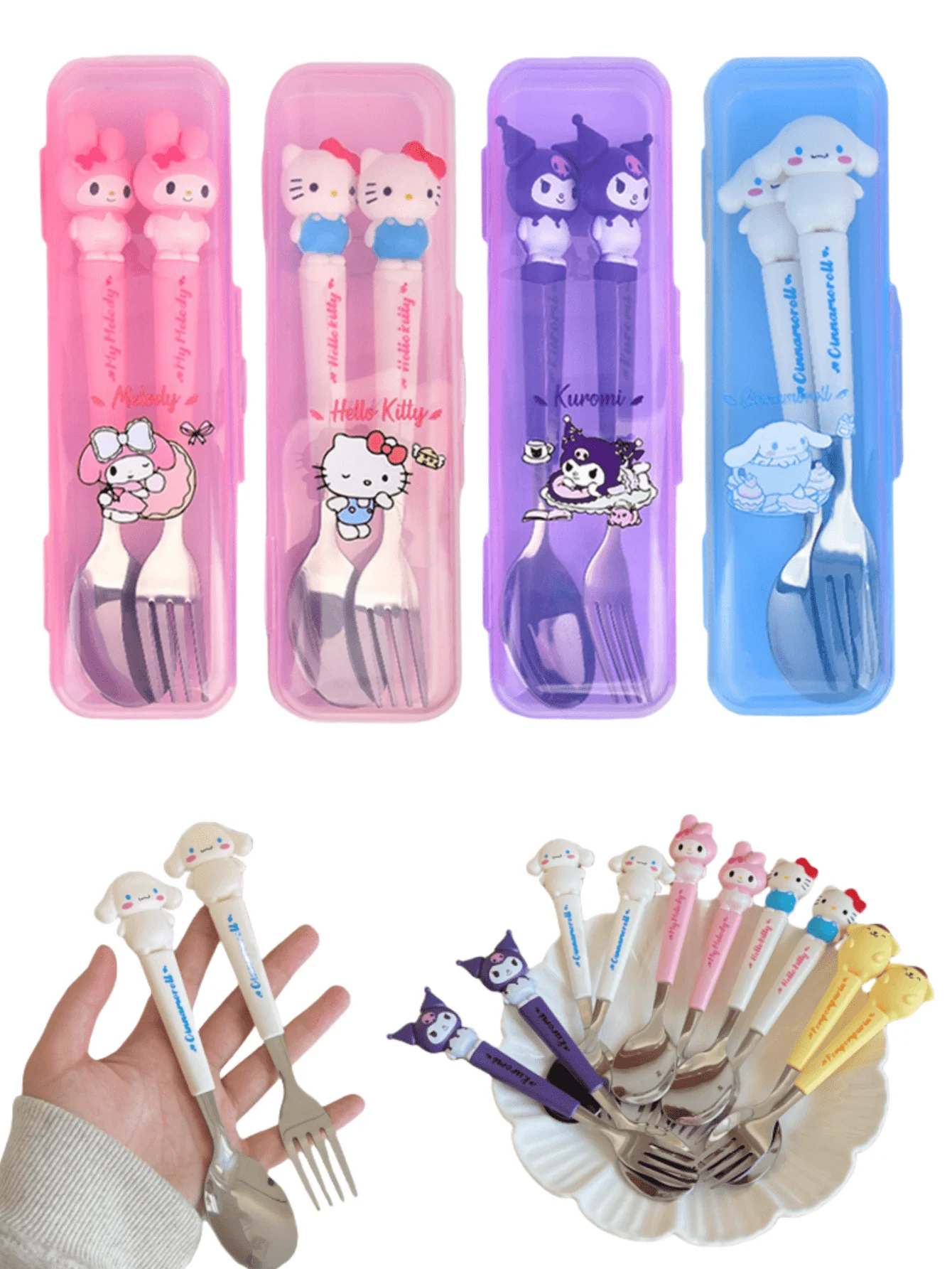 2 stks/set roestvrijstalen vork en lepelset, Hello Kitty Cartoon schattig draagbaar herbruikbaar servies, huis- en buitenbenodigdheden