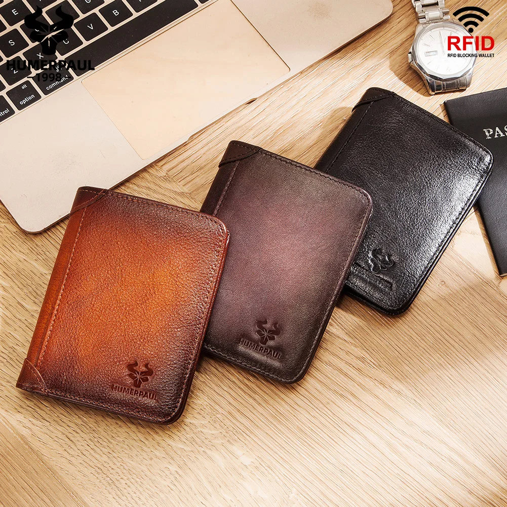 Genuine Leather RFID Protect Wallet for Men Slim Trifold Front Pocket Money Bag Anti-theft Brush Head Layer Cowhide Card Holder