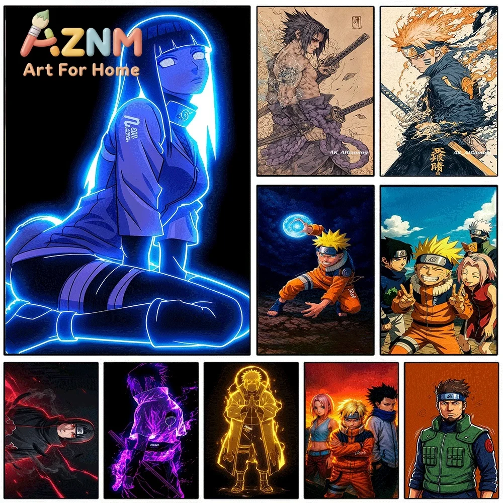Anime Naruto Canvas Wall Art Hinata Hyuga Neon Blue Poster Unframed Canvas Painting Bedroom Living Room Home Wall Decor Anime