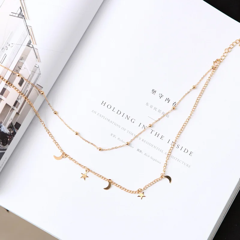 New Fashion Double-layer Choker Necklace Simple Moon Stars Gold Color Short Necklace Ball Round Beads Chain Wholesale Gift