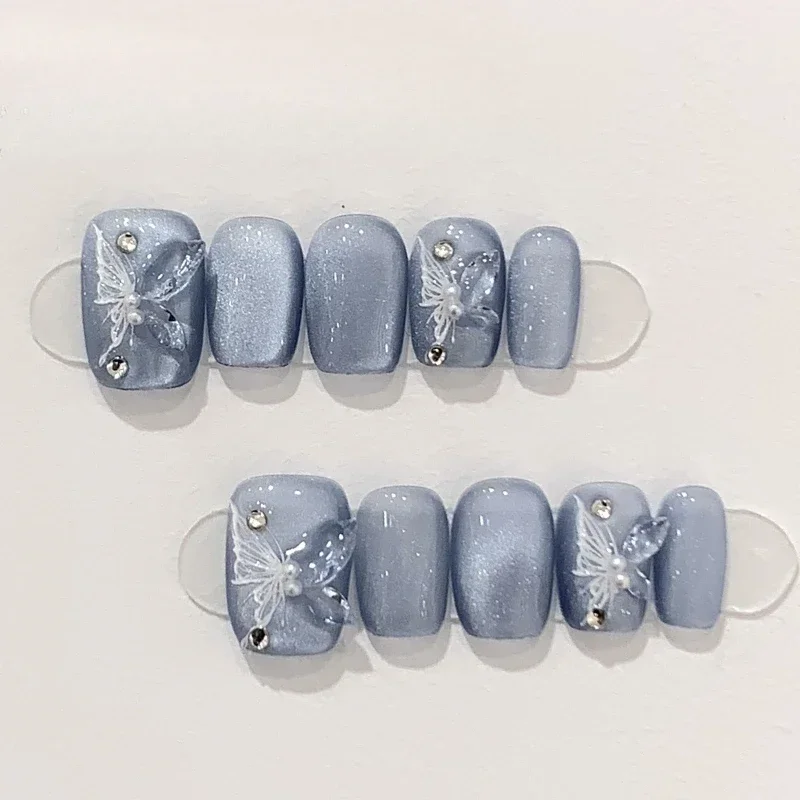 10Pcs Dark Blue Cat Eye Press on Nails Wearable Round Head Oval Nail Tips with Diamonds Full Cover Acrylic Nails Short Nail Art