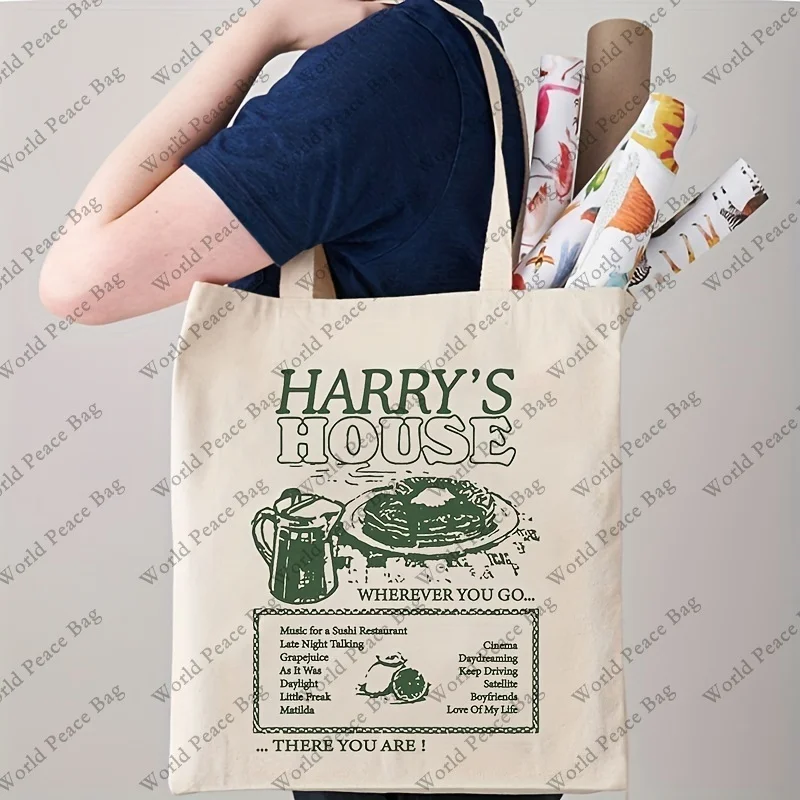 Harry\'s House Pattern Tote Bag, Casual Canvas Shopping Bag, Travel Storage Bag Reusable Shopping Bag Supermarket Bag