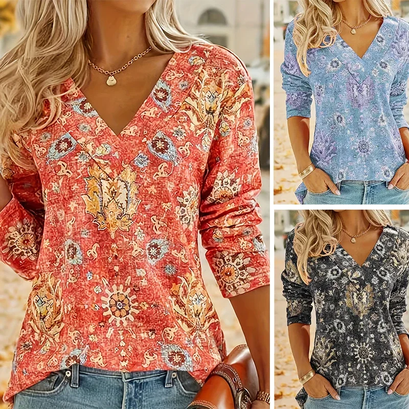 

Spring Summer Bohemian Casual Top V-neck Fashion Print T-shirt Women Long Sleeves Retro Commute T-shirts for