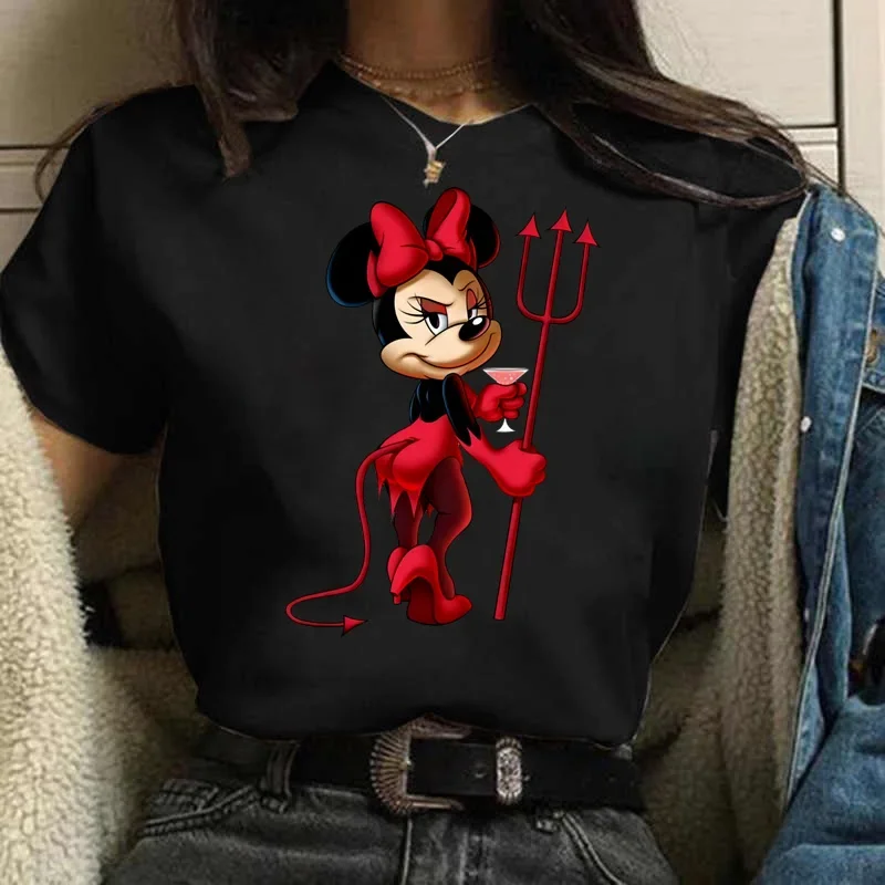 New Minnie Print T-shirt Kawaii Girl Disney T-shirt Cute Teen T-shirt Fashion Girl Black T-shirt Street wear short sleeve clothe