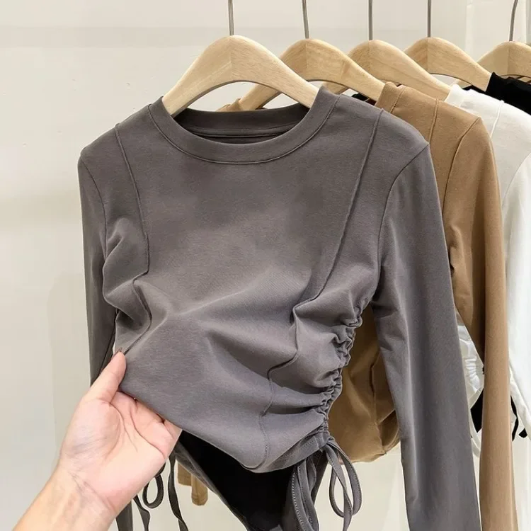 ZOETOPKID Cropped-Top mit Kordelzug für Mädchen, einfarbig, für Grundschülerinnen, Frühling/Herbst, Kinder-T-Shirts, Langarm, Kinder-T-Shirt – Detail 6