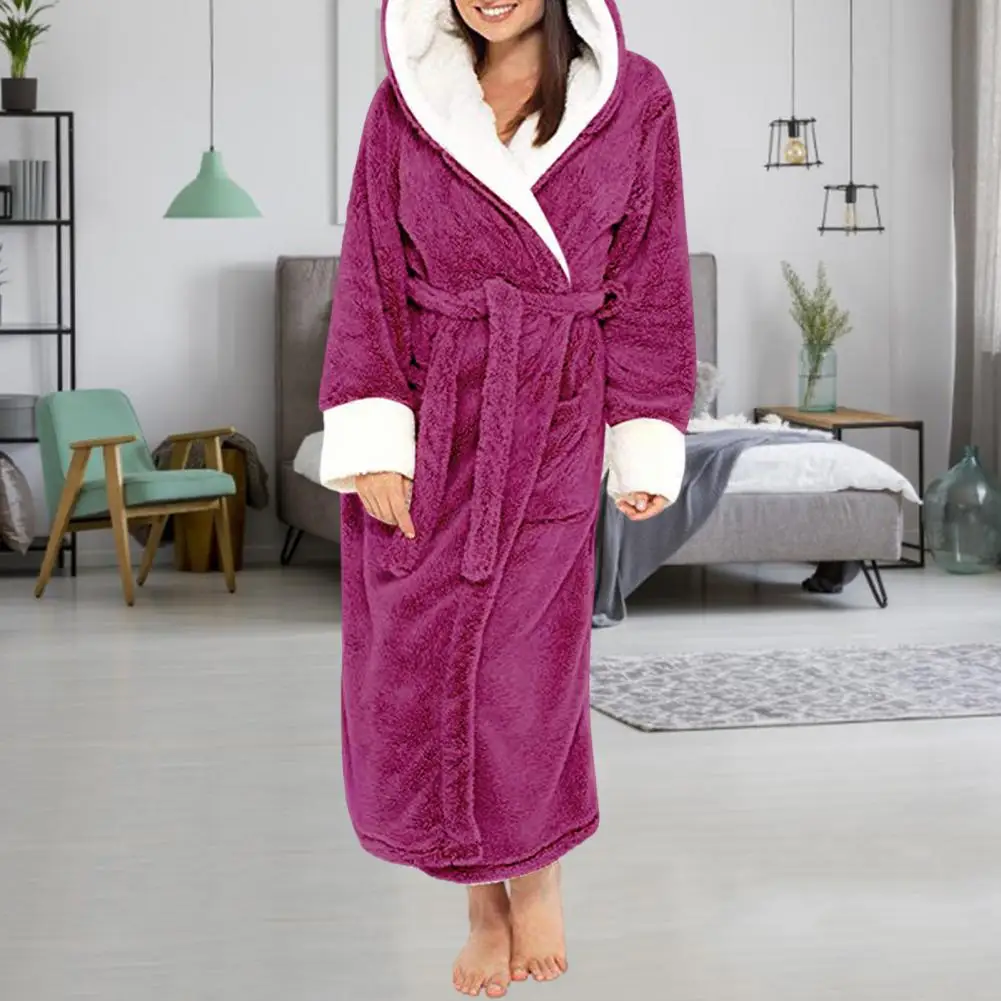 Fleece Women Nightgown Thicken Hooded Plush Warm Woemn Bathrobe Loose Tight Waist Velvet Twisted Thermal Homewear Winter Nightie