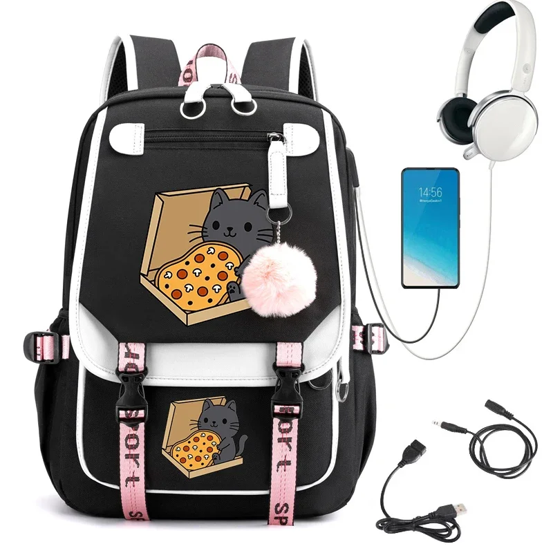 Pizza Cat Anime Schoolbag for Girls Large Student Backpack High School Student Backpack Bag Cartoon Bagpack Usb Charging Mochila