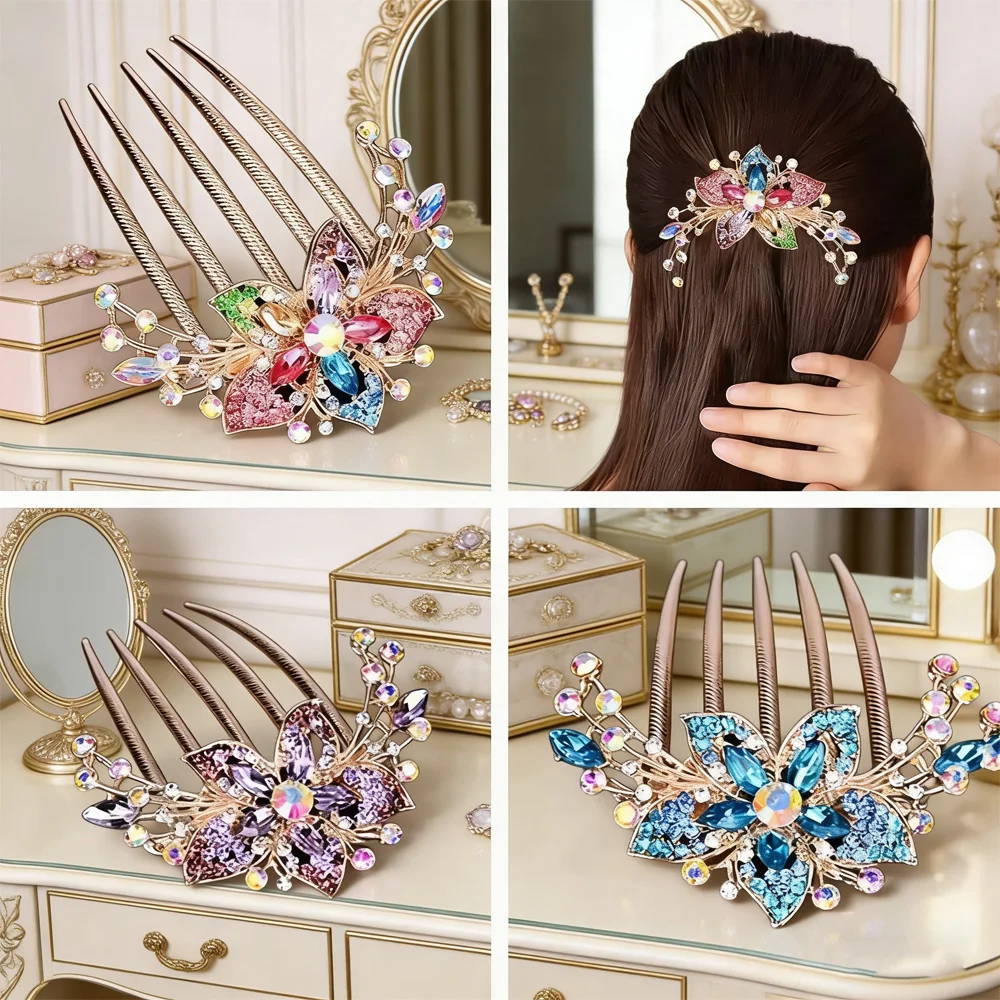 

Christmas Perfect Gift! 5-Tooth Alloy Rhinestone Hair Fork for Women Bun Ponytail Styling