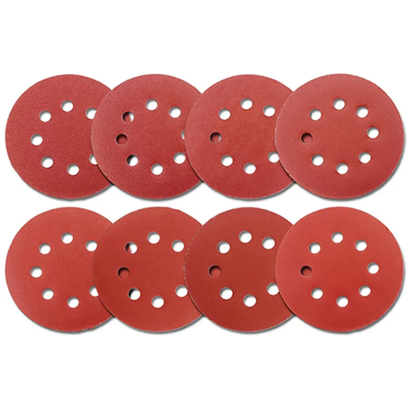 5 Inch 8 Holes Flocked Sanding Disc 125mm Red Abrasive Self Adhesive Dry Polishing Sandpaper