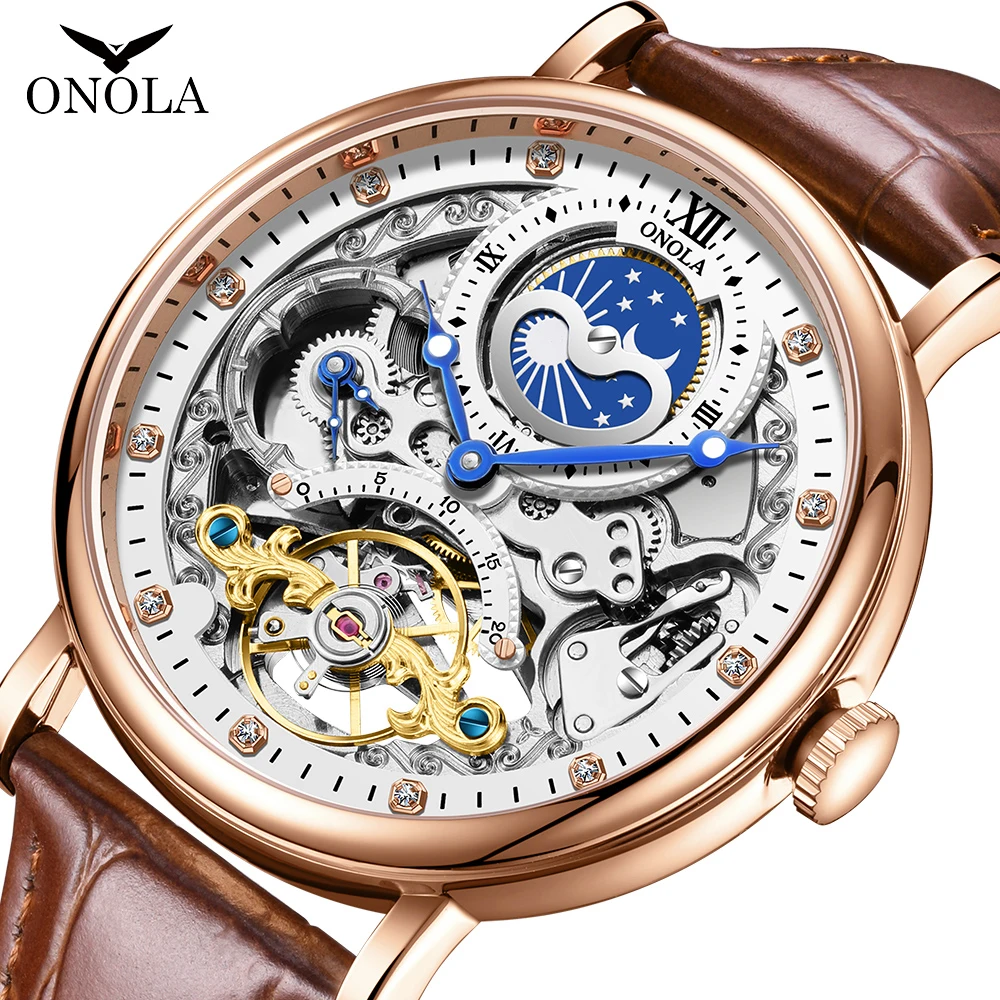 ONOLA Unique Dual Time Zone Hollow Automatic Mechanical Business Watch Men\'s Waterproof Belt Leisure Night Light Watch