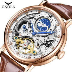 ONOLA Unique Dual Time Zone Hollow Automatic Mechanical Business Watch Men's Waterproof Belt Leisure Night Light Watch