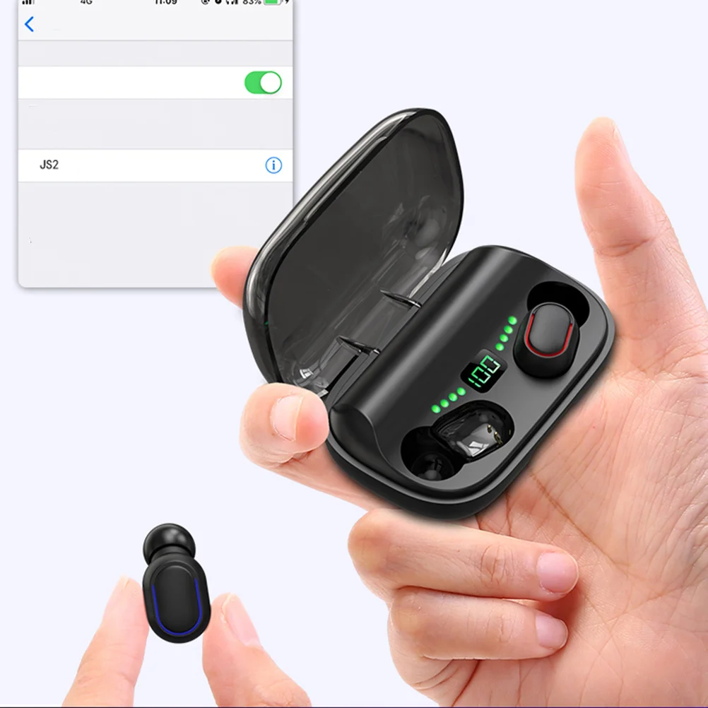 

Earphones Wireless Earbuds Noise Cancelling Stereo Sound Mini Invisible Design Built-In Charging Box Black