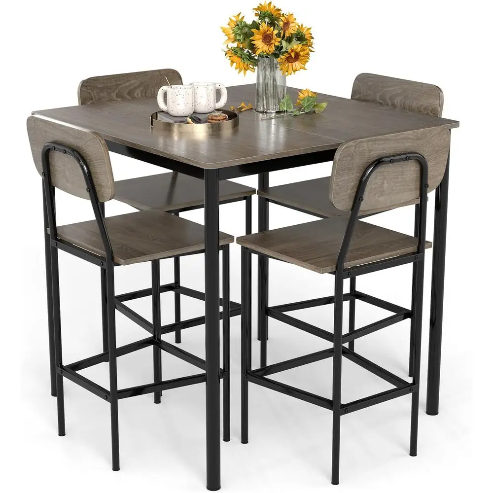 

5-Piece Dining Set for Small Spaces with Steel Legs, Square Breakfast Table, Industrial Style Counter Height, Grey Oak Finish