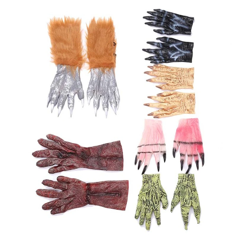 Creative Vinyl Halloween Cosplay Gloves Plush Terrifying Werewolf Simulated Gloves Waterproof Bloody Makeup Party Props Women