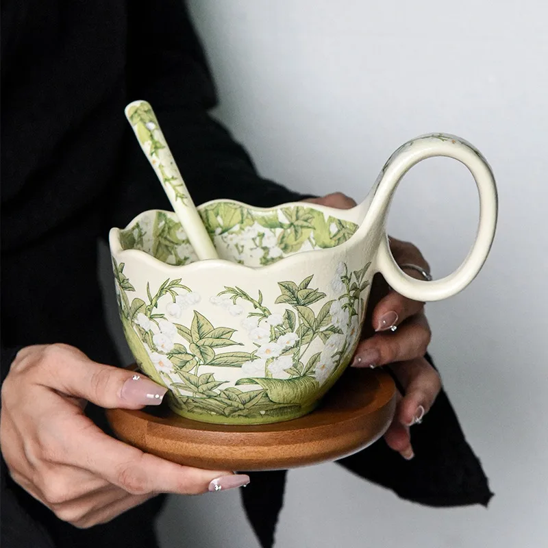 Lily of the Valley Pattern Breakfast Set, Curved Handle Ceramic Mug & Bowl for Cereal Hot Drinks, Microwave Safe with Spoon