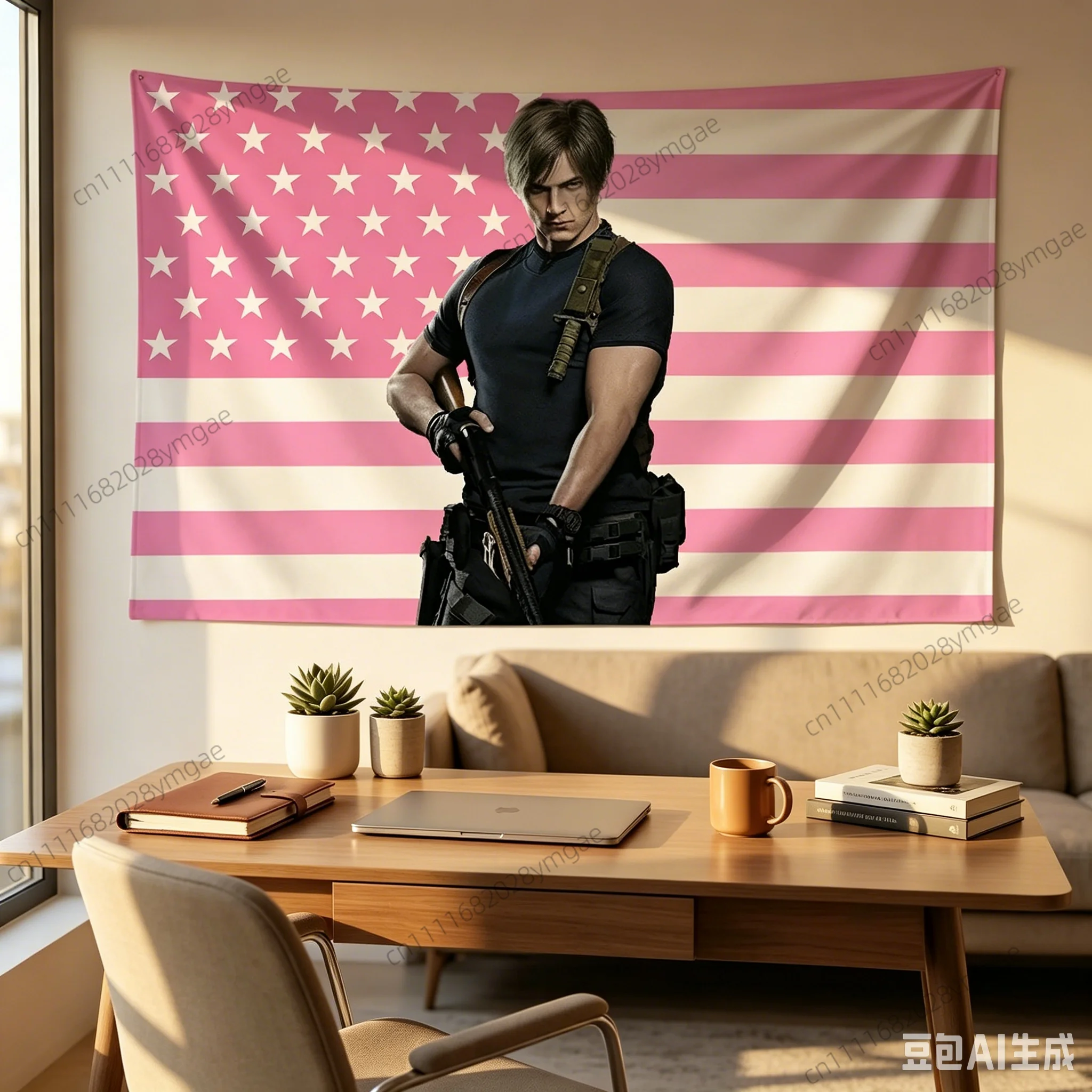 Creative Gamer Wall Art Tapestry L-Leon Kennedy Pink American Flags Wall Art Decor Headboard Aesthetic Room Decor Backdrop Cloth