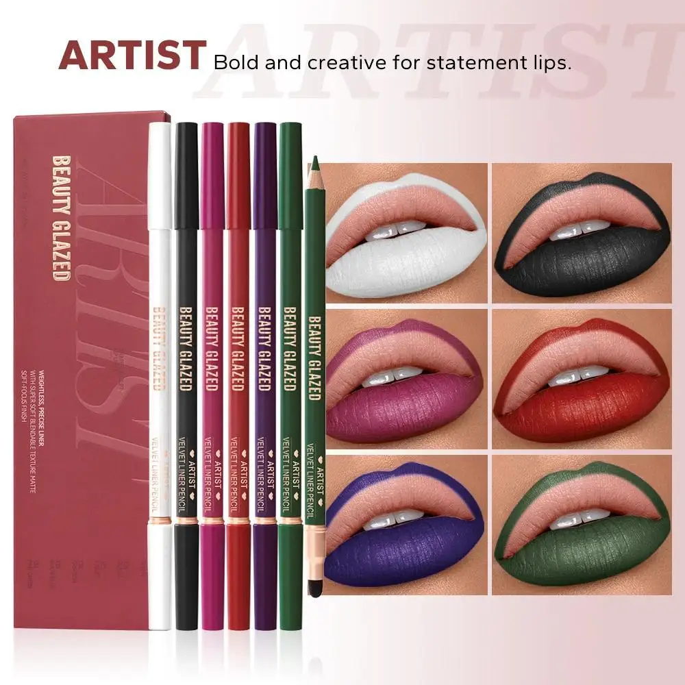 Beauty Glazed 6Pcs Set Double Head Artist Velvet Lipliner Pencil With Sponge brush,Weightless Blendable Texture Matte