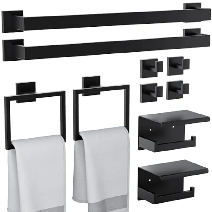 

10-Piece Bathroom Hardware Set SUS304 Stainless Steel Wall Mounted 23.6 Inch Matte Black Towel Bar Toilet Paper Holder Towel Ho