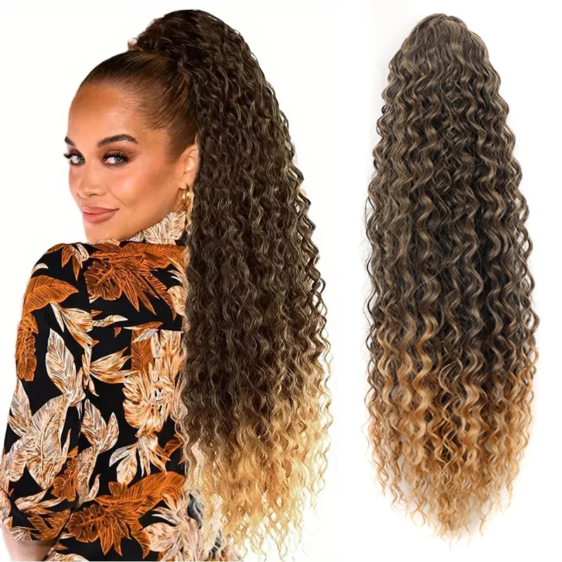 

Synthetic Deep Curly Drawstring Ponytail Long Water Wave False Hair Ponytail Extensions for Women Ombre Blonde Curly Horse Tail