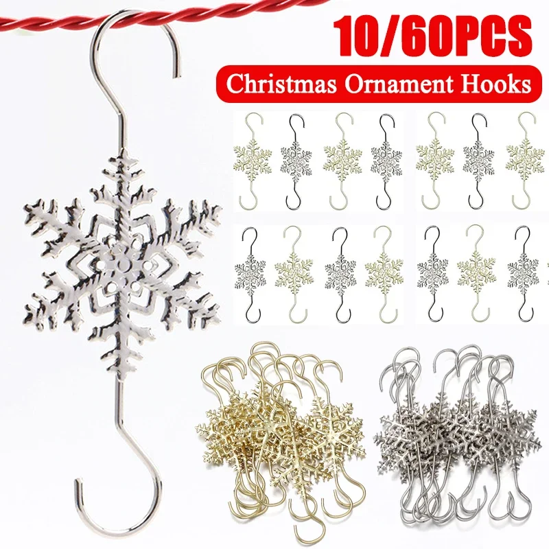 10/60Pcs Christmas Ornament Snowflake Hooks for Xmas Tree Ball Pendant Decorations Stainless Steel S-Shaped Mini Snow Hanger